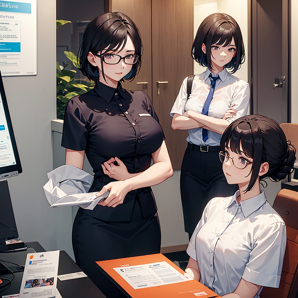 A scene featuring three characters: a man, a woman, and a businesswoman. The man is on the left, wearing a short-sleeve polo shirt and glasses, holding a document. The woman is next to him, linking arms with him, and wearing a casual orange top with a friendly expression. Facing them is a businesswoman with short black hair, dressed in formal attire, handing them a document. The setting is a bright, indoor environment, resembling an office or sales center. The image includes two speech bubbles: The businesswoman is saying, 'Silahkan pak, bu, unit apartment kami lagi promo, DP bisa dicicil dan bunganya flat lho~', and the woman in the couple responds, 'Oh iya, makasih mbak.' The style of the image is modern and clean, with a soft, anime-like aesthetic. Ensure all three characters are clearly visible and interacting.