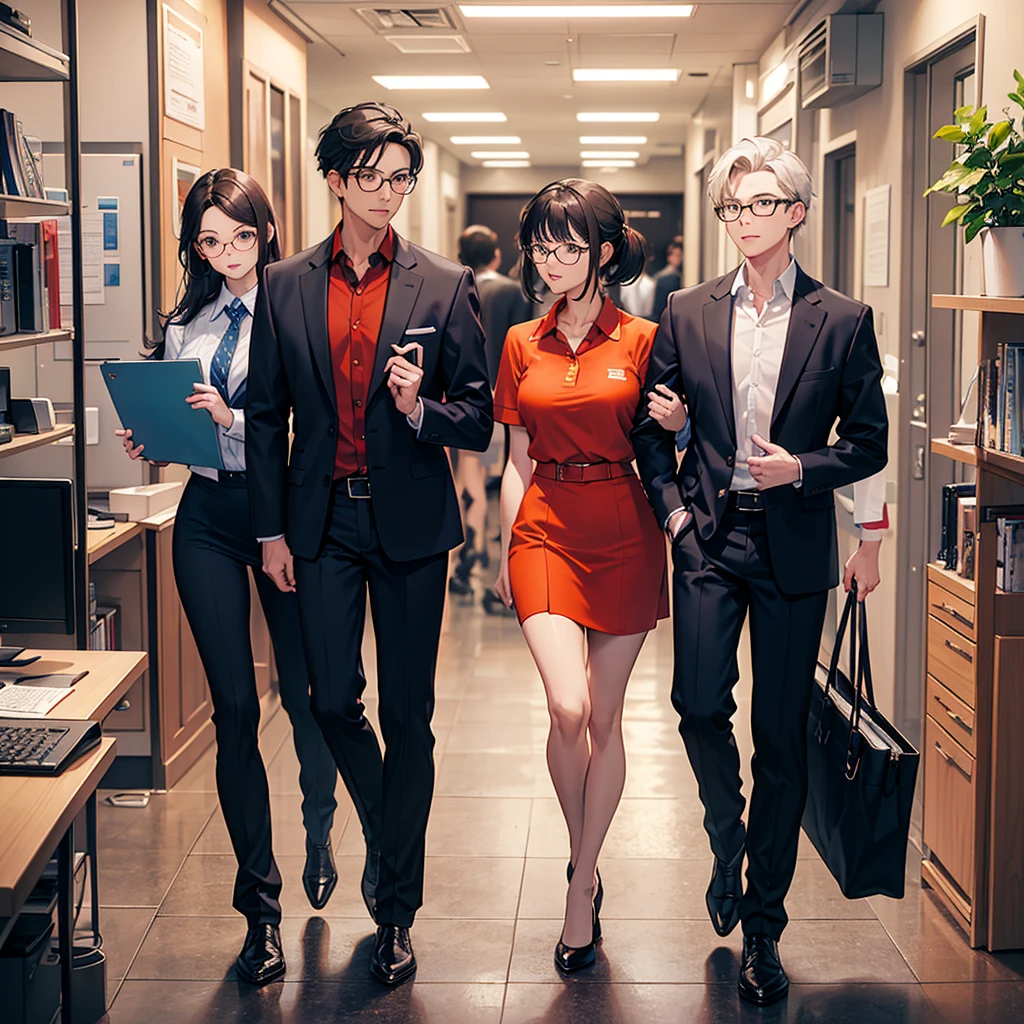 A scene featuring three characters: a man, a woman, and a businesswoman. The man is on the left, wearing a short-sleeve polo shirt and glasses, holding a document. The woman is next to him, linking arms with him, and wearing a casual orange top with a friendly expression. Facing them is a businesswoman with short black hair, dressed in formal attire, handing them a document. The setting is a bright, indoor environment, resembling an office or sales center. The image includes two speech bubbles: The businesswoman is saying, 'Silahkan pak, bu, unit apartment kami lagi promo, DP bisa dicicil dan bunganya flat lho~', and the woman in the couple responds, 'Oh iya, makasih mbak.' The style of the image is modern and clean, with a soft, anime-like aesthetic. Ensure all three characters are clearly visible and interacting.
