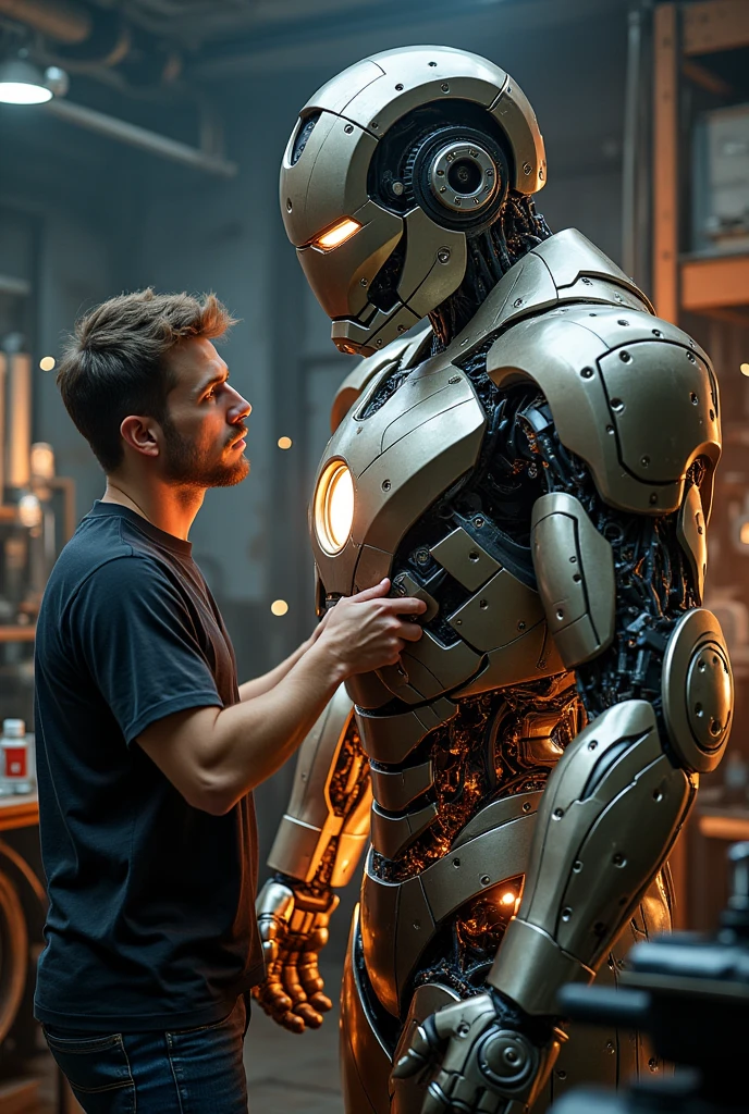 a man building an iron man from scratch, highly detailed metal structure, machinery, gears, sparks, intense concentration, industrial workshop, cinematic lighting, photorealistic, 8k, intricate detailing, mechanical engineering, complex mechanisms, steam punk, dark moody atmosphere, dramatic shadows, vibrant colors, advanced technology