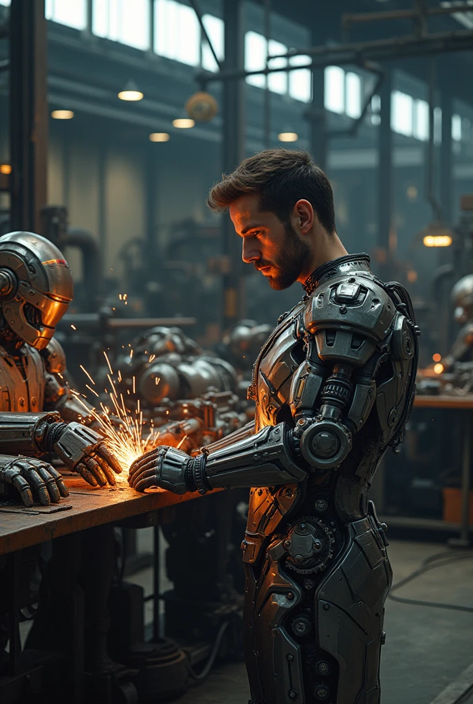 a man building an iron man from scratch, highly detailed metal structure, machinery, gears, sparks, intense concentration, industrial workshop, cinematic lighting, photorealistic, 8k, intricate detailing, mechanical engineering, complex mechanisms, steam punk, dark moody atmosphere, dramatic shadows, vibrant colors, advanced technology