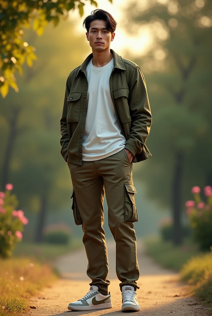 A tall dark handsome man, standing, wearing white tshirt white a casual jacket on top with olive cargo pants and casual nike shoes. Short black hair,  soft lighting, outdoor in natural park, calm and relaxed pose, realistic, intricate details, warm colors
