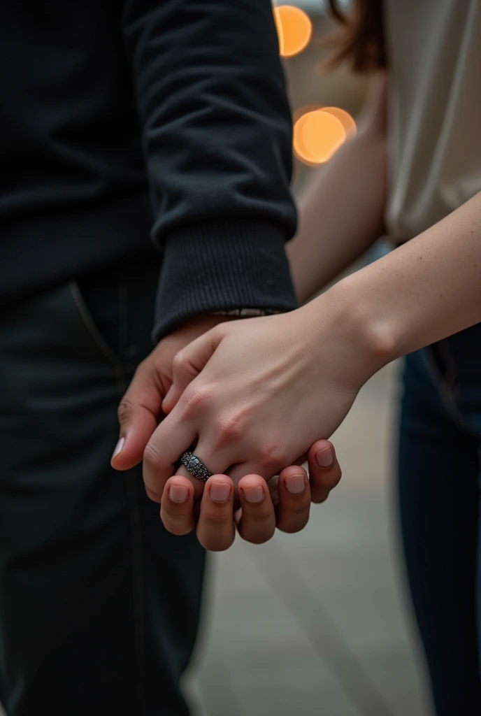 A pinterest-type photo of just two hands intertwined, The boy's hand is pale with light pink knuckles, it wears a black ring on its ring finger and a black long sleeve and the other is a woman's small hand with light brown skin, everything is blurred with building lights
