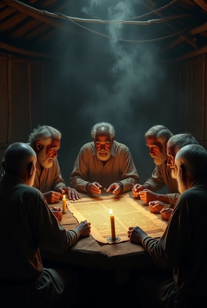 Nigerian village elders gathered in a circle inside a dimly lit hut, their faces grave and determined. The room is filled with the smoke of burning incense, and the air is thick with tension. On the table before them lies the ancient scroll, its symbols glowing faintly in the flickering candlelight. The elders speak in hushed tones, their expressions filled with concern as they discuss the growing danger.