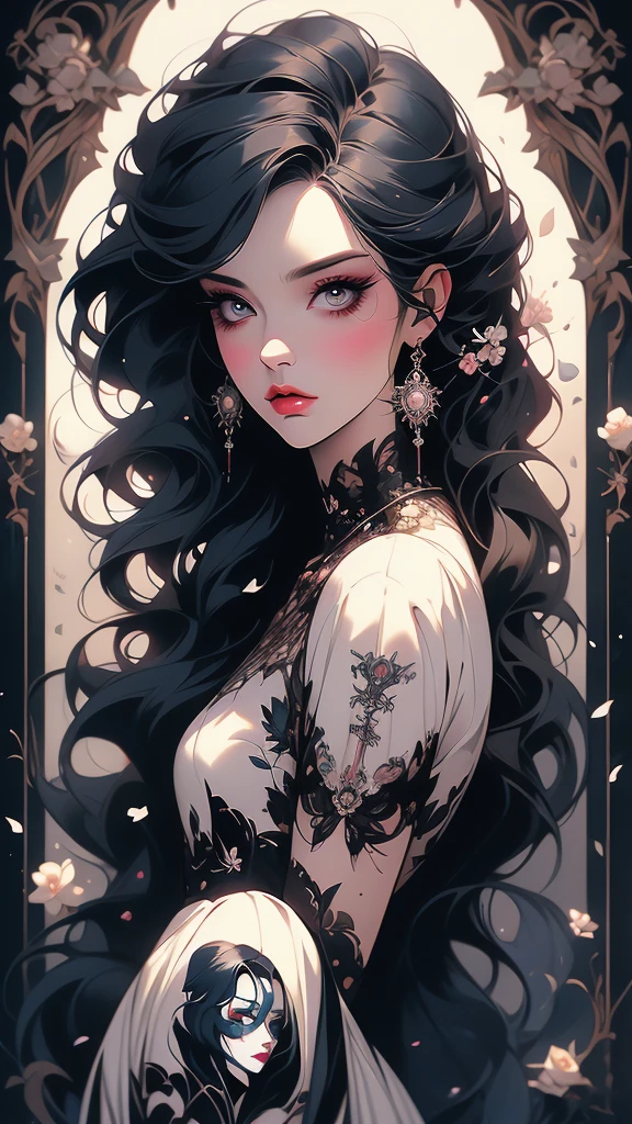 a painting of a woman with a black dress and flowers, inspired by Kelly McKernan, inspired by Harumi Hironaka, inspired by Sandra Chevrier, inspired by Nene Thomas, style of charlie bowater, tom bagshaw style, jana brike art, neoartcore and charlie bowater, in style of tom bagshaw, in style of charlie bowater