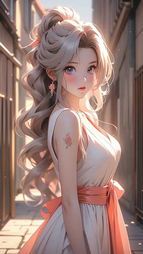 anime girl in a dress posing in a narrow alleyway, anime style. 8k, cute anime waifu in a nice dress, anime style 4 k, realistic anime 3 d style, beautiful anime girl, photorealistic anime girl render, anime styled 3d, artwork in the style of guweiz,  in dress, anime vibes, 3 d anime realistic, detailed drawn beautiful eyes, beautiful large break