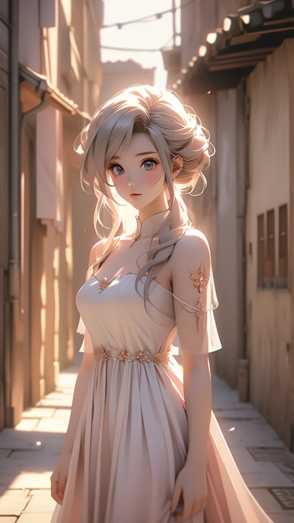 anime girl in a dress posing in a narrow alleyway, anime style. 8k, cute anime waifu in a nice dress, anime style 4 k, realistic anime 3 d style, beautiful anime girl, photorealistic anime girl render, anime styled 3d, artwork in the style of guweiz, in dress, anime vibes, 3 d anime realistic, detailed drawn beautiful eyes, beautiful large break