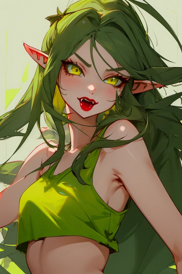 1 girl. Dark green long hair. light green eyes. Red lips. fangs. Yellow tank top. gray shorts. elfs' ears.