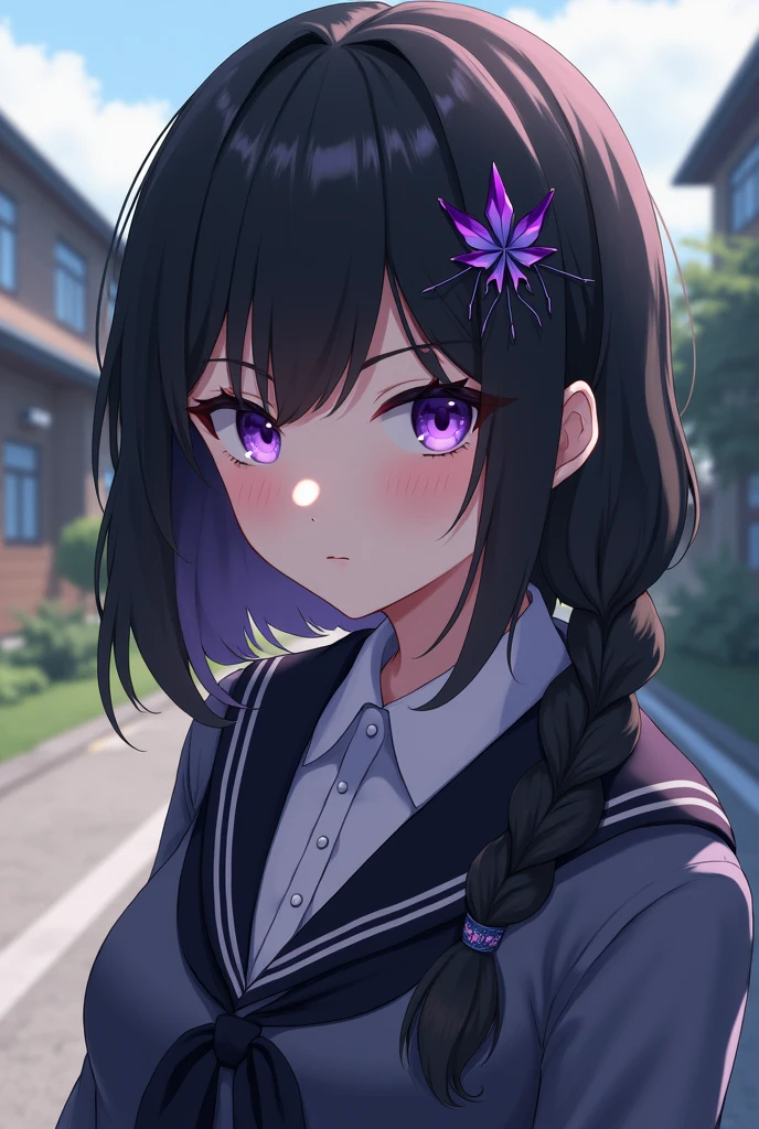 Japanese girl in a Japanese school uniform with blackish hair and dark purple eyes kinda pale has a purple hair pin. Has a unbothered expression
