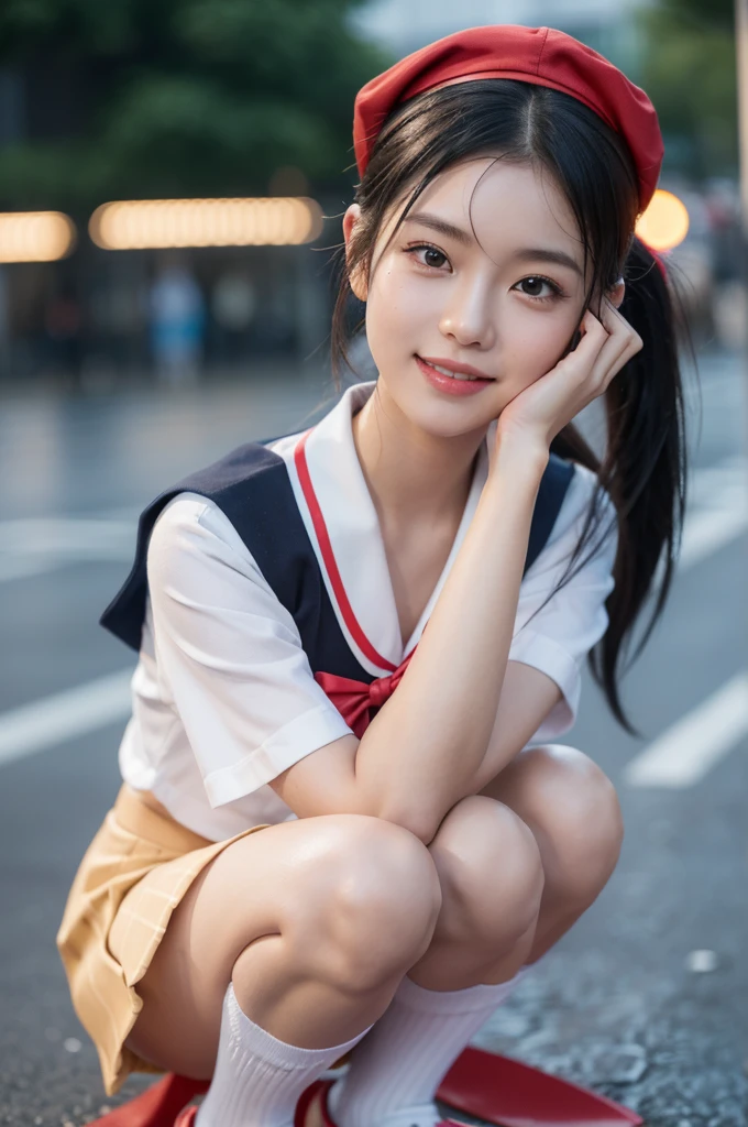 (A youthful gorgeous Japanese idol, wearing a wet Seifuku:1.2, WetSerafuku1:2, school uniform, sailor moon, jk uniform, high-school uniform, pleated mini-skirt, red ribbon, red bowtie, sailor hat, knee-high socks, BTTF_Sneakers, Tokyo Shibuya Scramble Crossing, city street, night sky, squatting, or sitting with legs closed on,
(Rain:1.3*)
Easygoing expressions, kind smile, dimpled cheek, cute snaggle-tooth, short bob hair, double ponytail, symmetrical face, realistic detailed face, beautiful eyes, beautiful detailed eyes, long legs, perfect body proportions, hourglass figure, ample round bosoms, medium breasts,
Raw photo, photorealistic, realistic portrait, hyper-realism, high contrast, ultra HD, UHD, realistic skin textures, top image quality, top-quality, super high resolution, fine details, very meticulously, masterpiece, vivid colours, medium shot, close-up shot, cowboy shot, High Angle Shot, Professional Lighting, bokeh_background, SFW, Safe For Work)