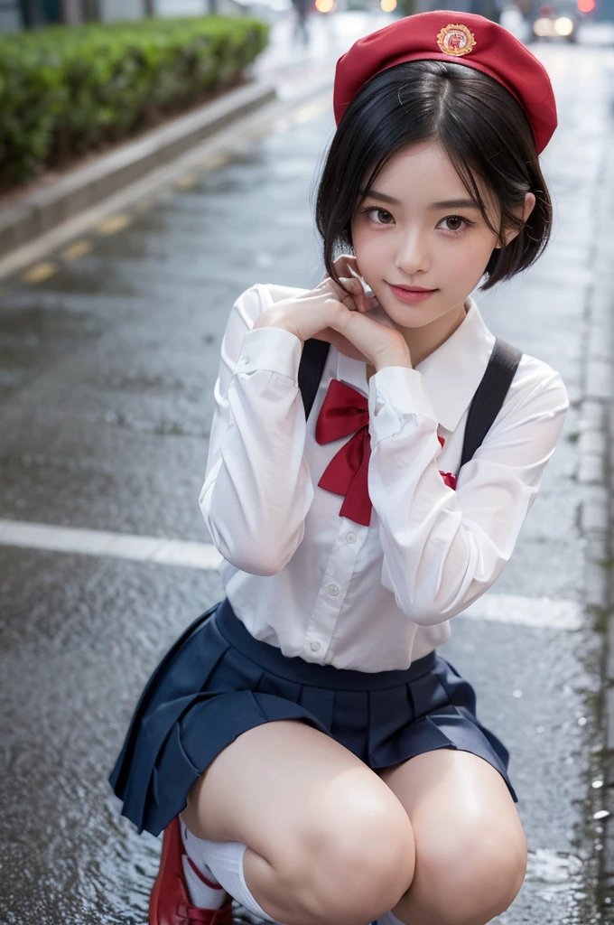 (A youthful gorgeous Japanese idol, wearing a wet Seifuku:1.2, WetSerafuku1:2, school uniform, sailor moon, jk uniform, high-school uniform, pleated mini-skirt, red ribbon, red bowtie, sailor hat, knee-high socks, BTTF_Sneakers, Tokyo Shibuya Scramble Crossing, city street, night sky, squatting, or sitting with legs closed on,
(Rain:1.3*)
Easygoing expressions, kind smile, dimpled cheek, cute snaggle-tooth, short bob hair, double ponytail, symmetrical face, realistic detailed face, beautiful eyes, beautiful detailed eyes, long legs, perfect body proportions, hourglass figure, ample round bosoms, medium breasts,
Raw photo, photorealistic, realistic portrait, hyper-realism, high contrast, ultra HD, UHD, realistic skin textures, top image quality, top-quality, super high resolution, fine details, very meticulously, masterpiece, vivid colours, medium shot, close-up shot, cowboy shot, High Angle Shot, Professional Lighting, bokeh_background, SFW, Safe For Work)