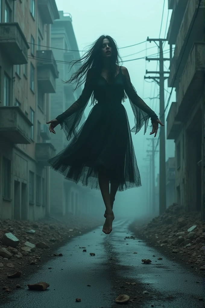A horrer girl,standing on air behind the road, in a horrer bulding, an a distroy road