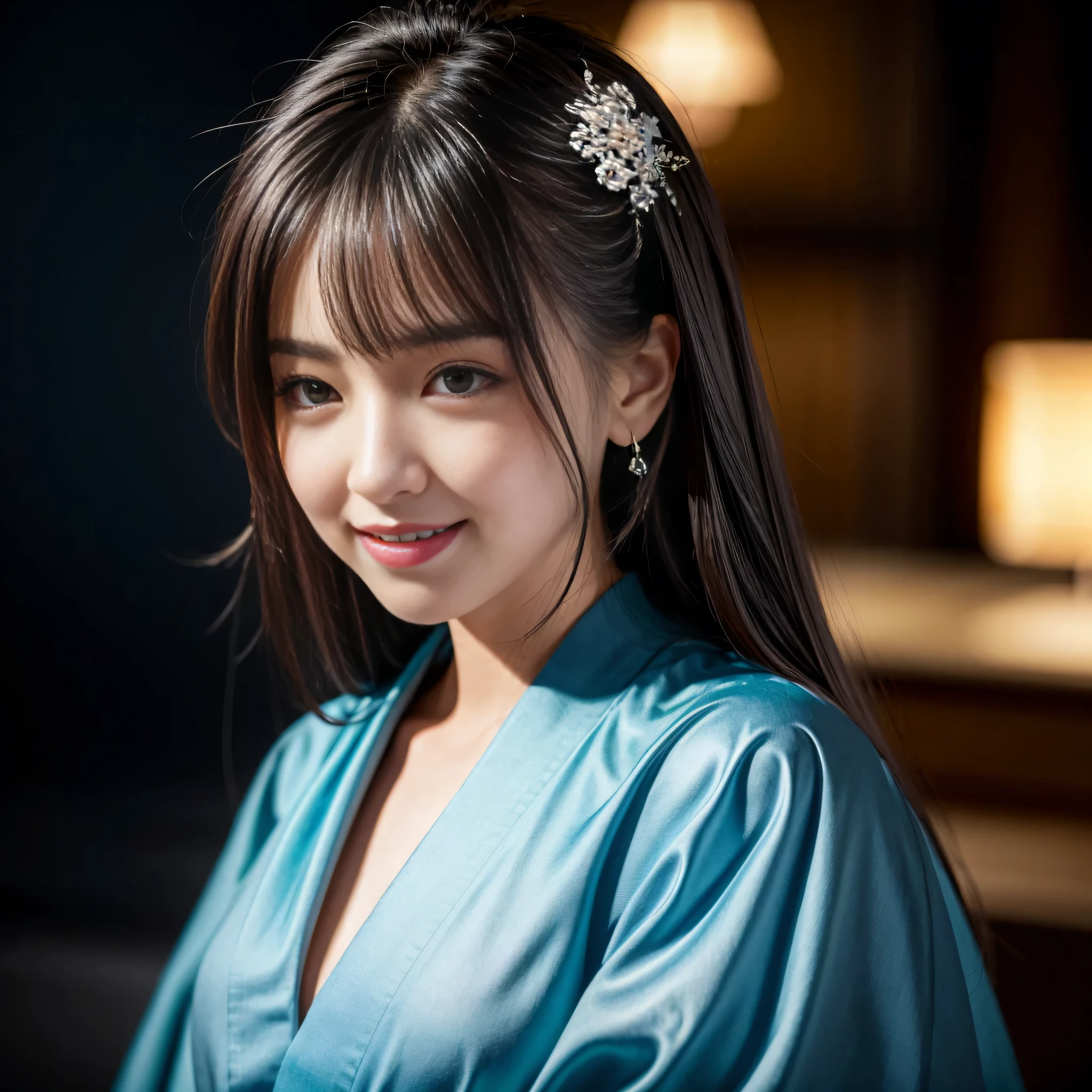8kウルトラHD, Digital SLR,Film Grain, Fujifilm XT3,(Highest quality:1.3), (masterpiece:1.1), High resolution, Cinematic Light, Intricate details, (Realistic) (Night view) Realistic backlight、Dramatic reddish light、Beautiful Japanese Geisha full body photo, ((Facial texture Pore details)), Grin、Devilish smile, Shimada hairstyle, She wears a blue satin kimono decorated with traditional floral motifs..., , 8k, Front blur: