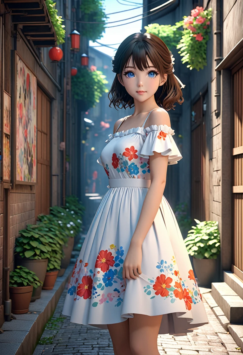 anime girl in a dress posing in a narrow alleyway, anime style. 8k, cute anime waifu in a nice dress, anime style 4 k, realistic anime 3 d style, beautiful anime girl, photorealistic anime girl render, anime styled 3d, artwork in the style of guweiz, in dress, anime vibes, 3 d anime realistic, detailed drawn beautiful eyes, beautiful large break