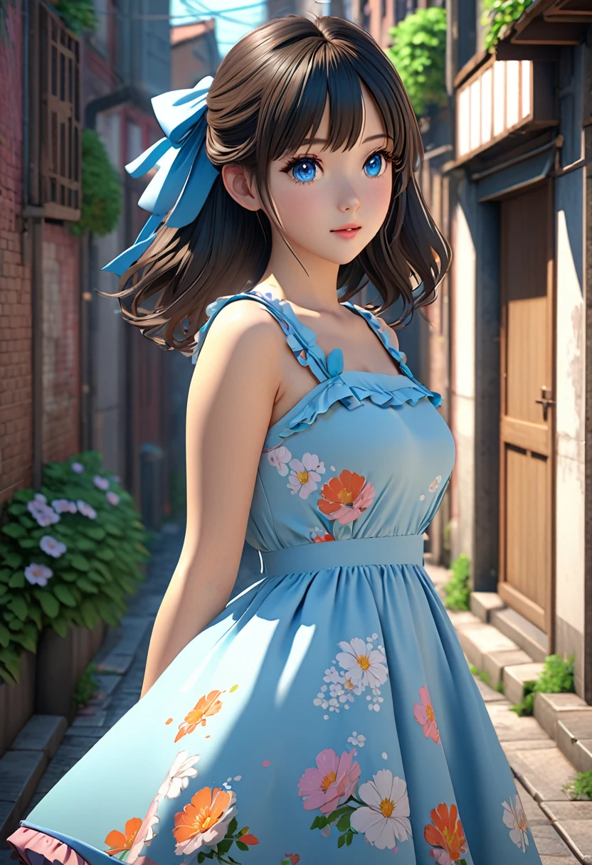 anime girl in a dress posing in a narrow alleyway, anime style. 8k, cute anime waifu in a nice dress, anime style 4 k, realistic anime 3 d style, beautiful anime girl, photorealistic anime girl render, anime styled 3d, artwork in the style of guweiz, in dress, anime vibes, 3 d anime realistic, detailed drawn beautiful eyes, beautiful large break