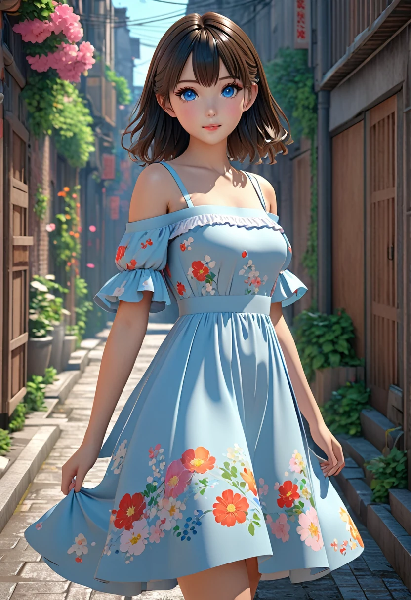 anime girl in a dress posing in a narrow alleyway, anime style. 8k, cute anime waifu in a nice dress, anime style 4 k, realistic anime 3 d style, beautiful anime girl, photorealistic anime girl render, anime styled 3d, artwork in the style of guweiz,  in dress, anime vibes, 3 d anime realistic, detailed drawn beautiful eyes, beautiful large break