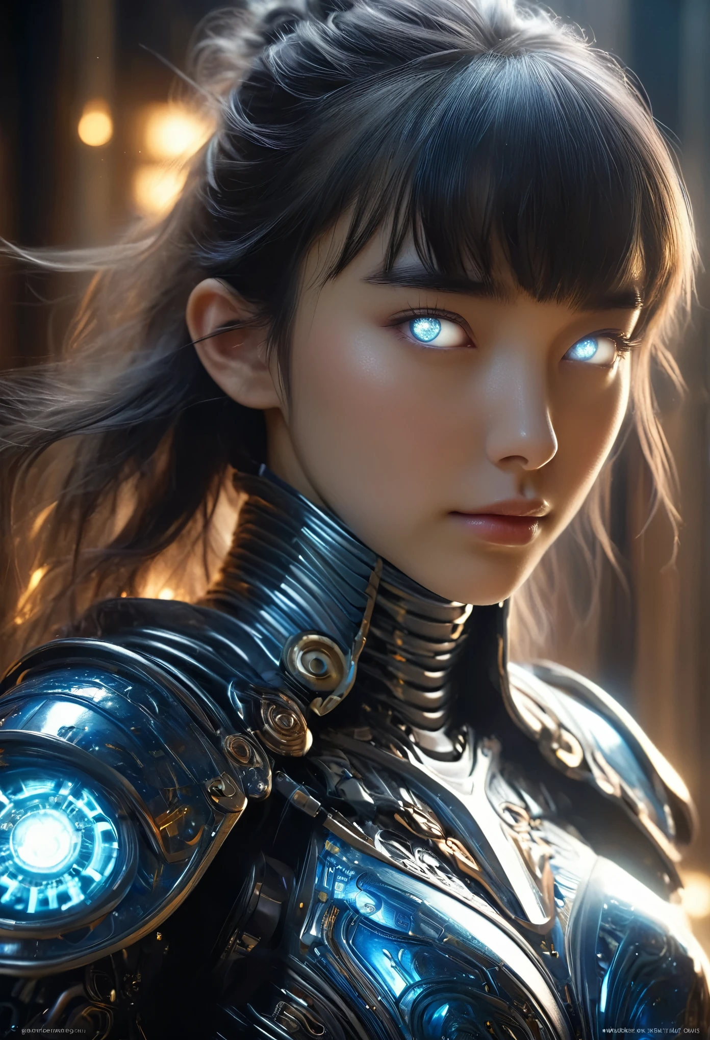 (Best Quality, 4K, 8K, High Resolution, Masterpiece: 1.2), (Super Detailed, Realistic, Photorealistic:1.37), A woman in futuristic clothing, Trending on cgstation, Trending on cgstation, (Portrait of a girl in the Knights of the Zodiac:1.4), blunt bangs, Cute Cyborg Girl, Perfect android girl, Portrait Astronaut Girl, Beautiful girl cyborg, (Girl wearing iridescent and blue black mechanical cyber armor:1.3), Game CG, cgsociety and fenghua zhong, Beautiful Cyborg Shrine Maiden, Bioluminescence, (Yua Yaiba:0.5), (Golden eyes:1.5), Anatomically correct grip, (Sharp and long claws:1.4), erotic and sexy, black, wearing A gorgeous cape with beautifully detailed embroidery