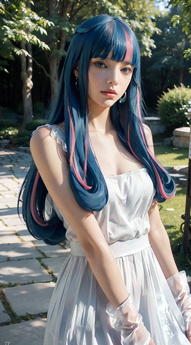 Ada, Long Hair, bangs, blue eyes, very Long Hair, Blue Hair, Pink Hair, Multicolored Hair, Earrings, blunt bangs, Two-tone hair, Striped Hair, gloves, dress, Cleavage, Exposing shoulders, clavicle, elbow gloves, white gloves, white dress, Strapless, tiara, Veil, Strapless dress, wedding dress, bridal Veil, Beautiful woman, Perfect body, Perfect breasts, wearing a wedding dress, Night dress, I am in the garden of trees., Wedding decorations, Looking at the audience, A small smile, realism, masterpiece, Textured skin, Super Detail, Attention to detail, high quality, 最high quality, 1080P, 16K