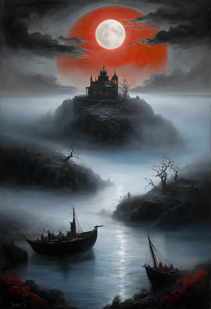 intricate mist-shrouded island, atmospheric mysterious landscape, fantastic moody weather, dramatic lighting, cinematic composition, ethereal vibe, deep blues and grays, fantasy art, concept art,  (oil painting), Black and White, poor visibility, (Inspiration comes from：James Ensor),Red Moon