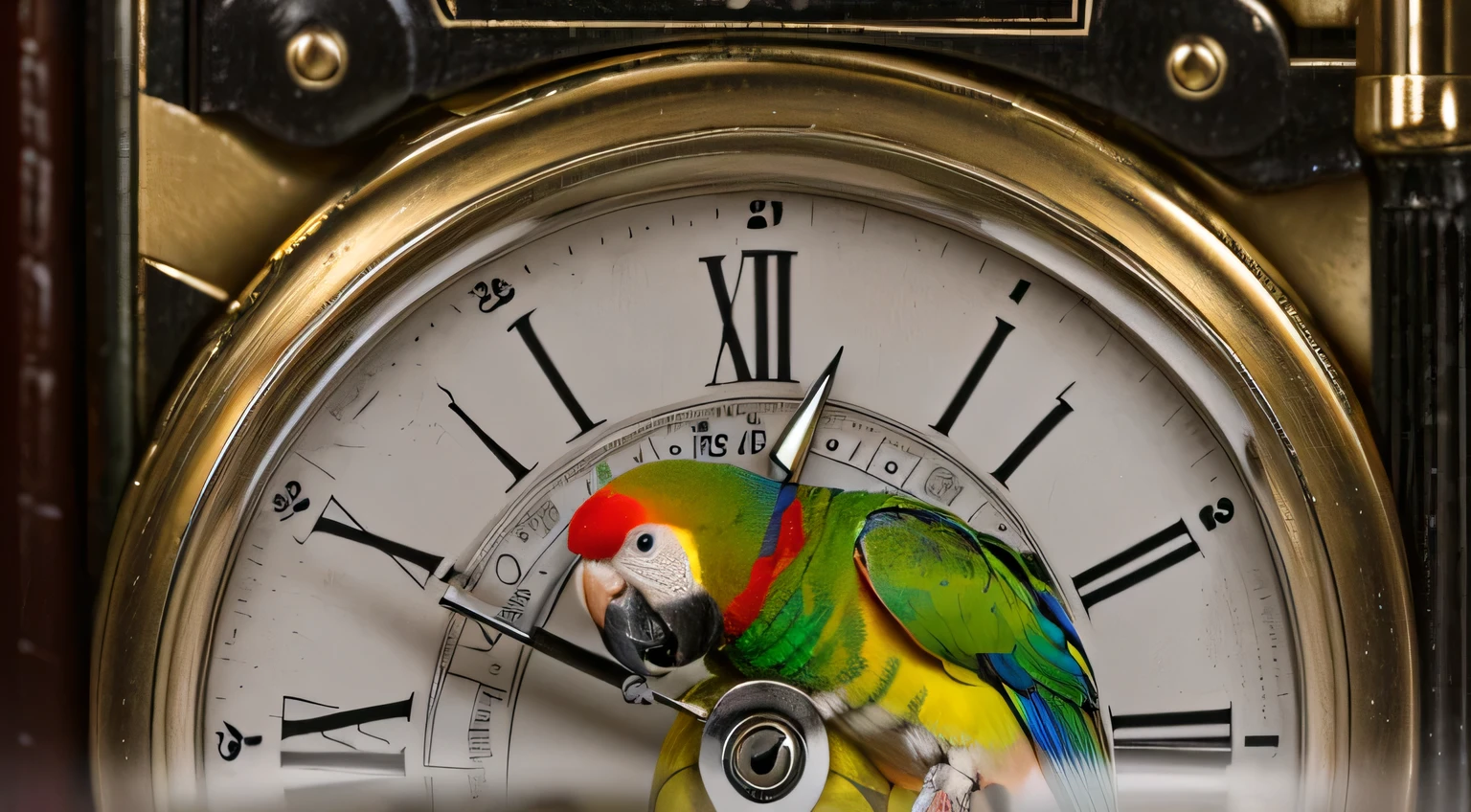 A photorealistic photo of a parrot on the dial, whose paws turn into hands