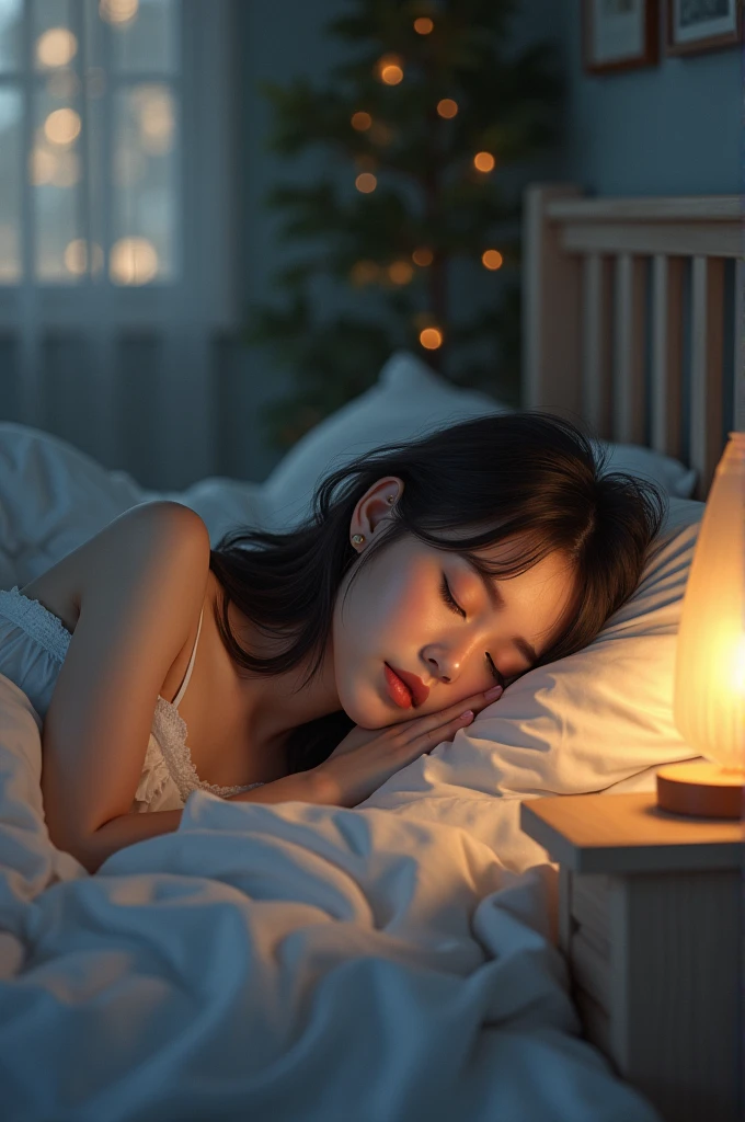 Listening music while sleeping a beautiful girl in room