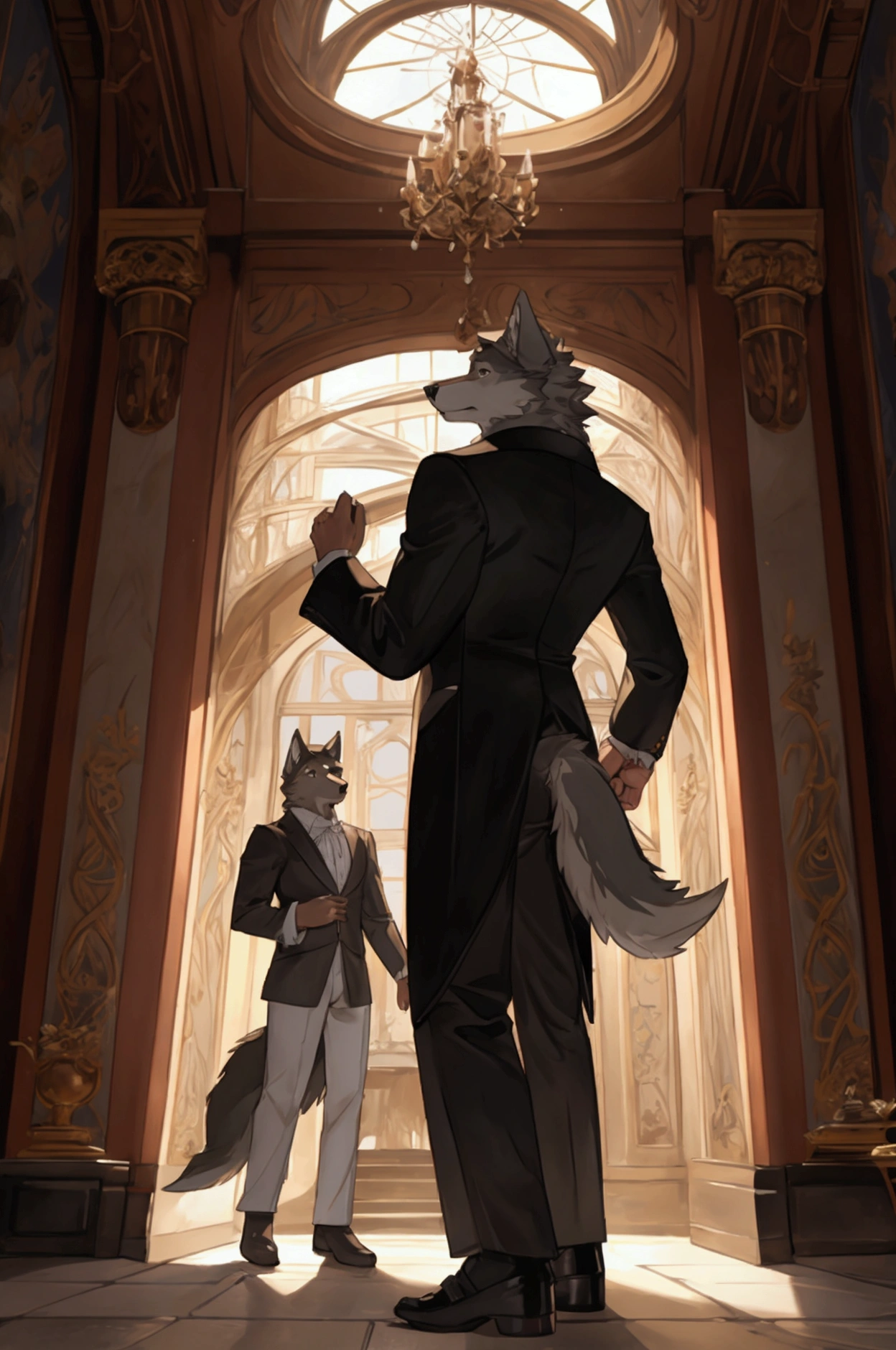 Male wolf stands and pees heavily