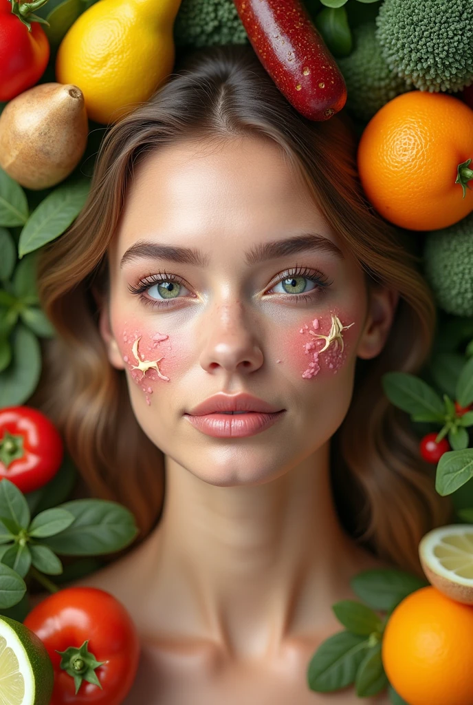 Create an image of a beautiful woman but with areas affected by inflammation highlighted, accompanied by natural foods like vegetables, fruits, The herbs 4k realistic photogenic