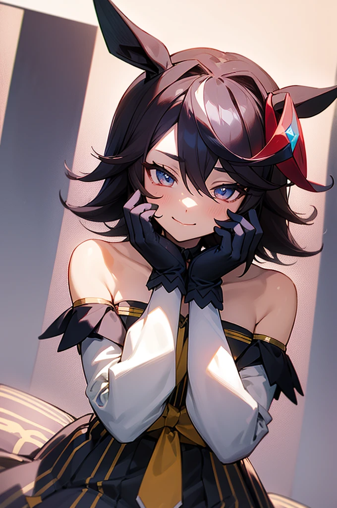 masterpiece, best quality,, curren chan (umamusume), smile, sitting,, vertical-striped dress, bare shoulders, off shoulder, closed mouth, long sleeves, collared dress, gloves, own hands together, hands on chin,, upper body,, 