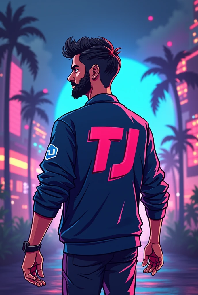 Gaming logo for my youtube channel I am a young Indian man of age 23 with a little trimmed beard write TJ on back entering into a gaming world  Making it a little cartoonish It should look like an eSports player 