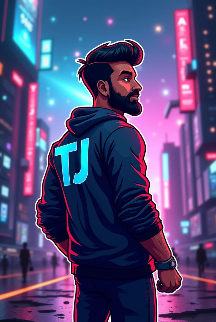 Gaming logo for my youtube channel I am a young Indian man of age 23 with a little trimmed beard write TJ on back entering into a gaming world  Making it a little cartoonish It should look like an eSports player 