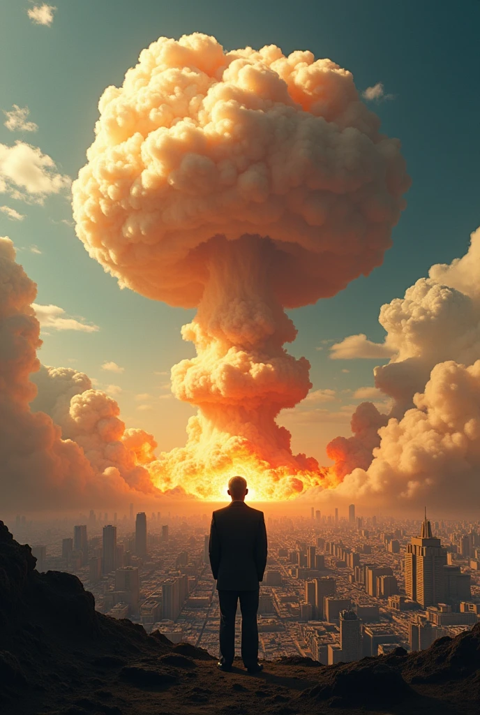 Tilt shift photography .a massive mushroom cloud explosion, Hiroshima, Japan, nuclear bomb, atomic explosion, destruction, fire, smoke, devastation, detonation, Oppenheimer, nuclear physicist, war, wartime, historical, dramatic lighting, cinematic, photorealistic, 8k, ultra-detailed, hyper-realistic, vibrant colors, dynamic composition, intense lighting, volumetric lighting, dramatic shadows, cinematic camera angle