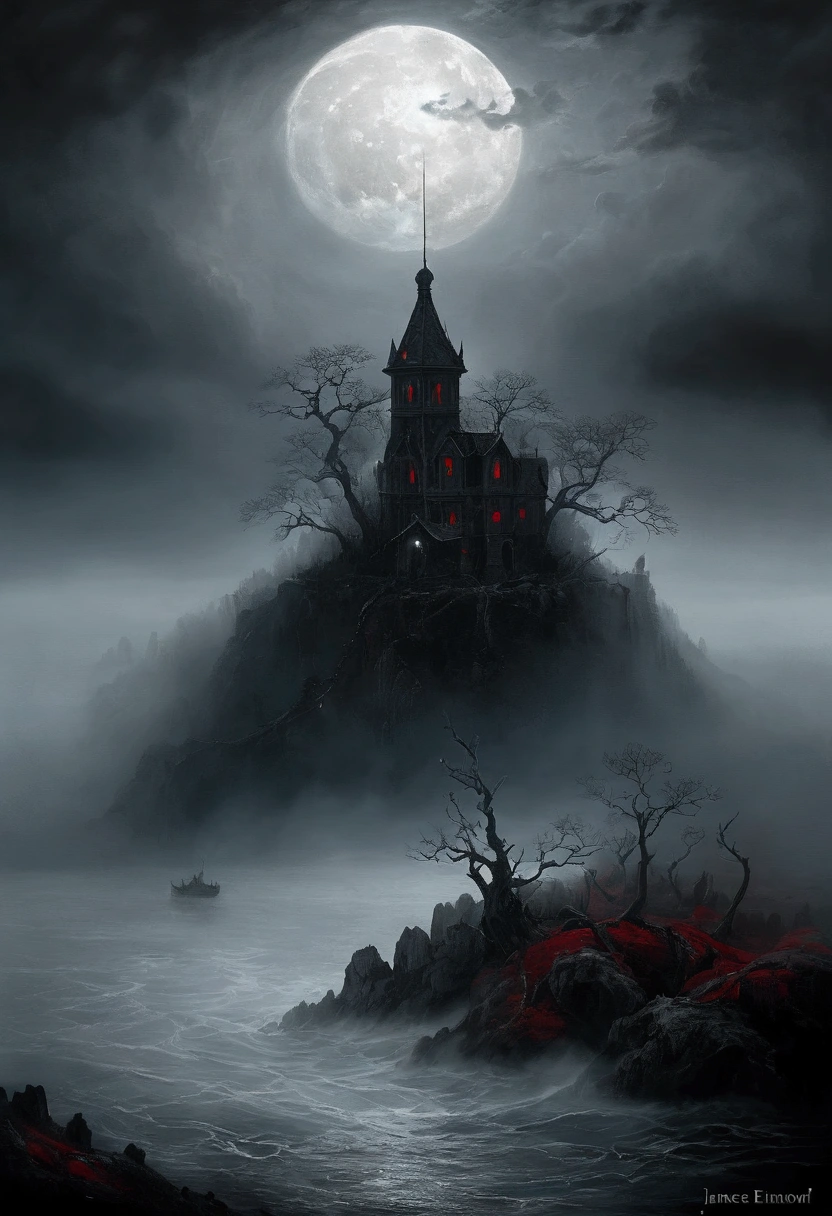 intricate mist-shrouded island, atmospheric mysterious landscape, fantastic moody weather, dramatic lighting, cinematic composition, ethereal vibe, deep blues and grays, fantasy art, concept art, (oil painting), Black and White, poor visibility, (Inspiration comes from:James Ensor),Red Moon