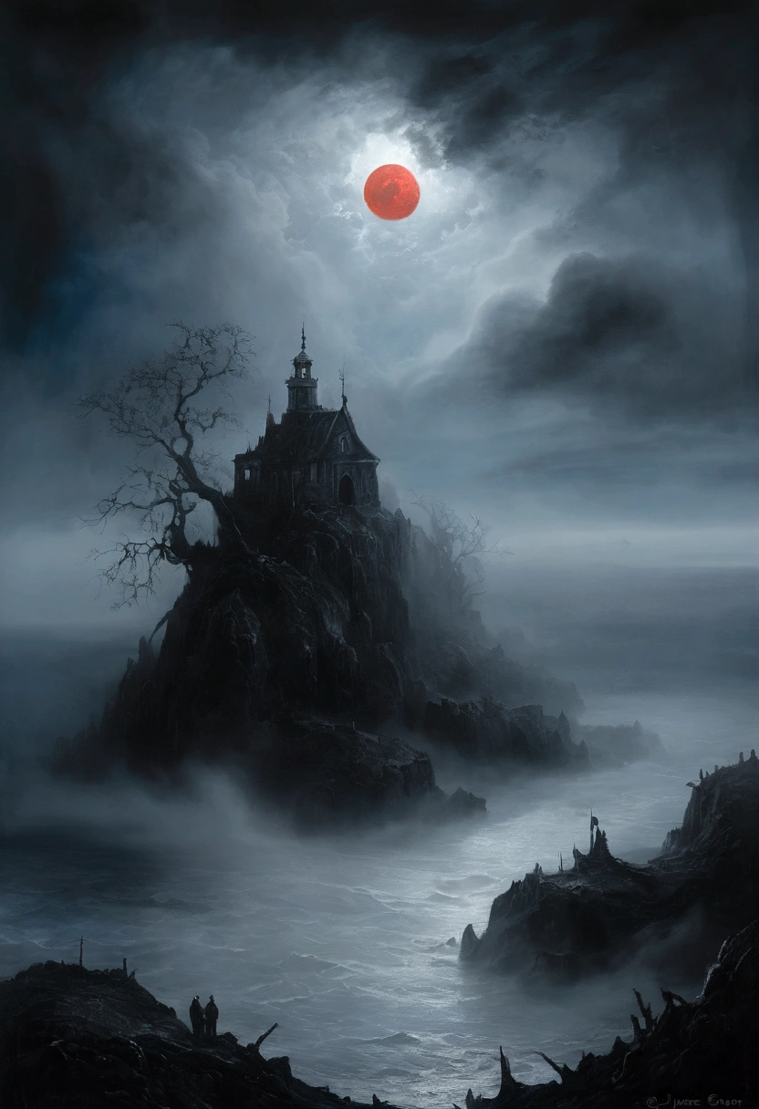 intricate mist-shrouded island, atmospheric mysterious landscape, fantastic moody weather, dramatic lighting, cinematic composition, ethereal vibe, deep blues and grays, fantasy art, concept art, (oil painting), Black and White, poor visibility, (Inspiration comes from:James Ensor),Red Moon