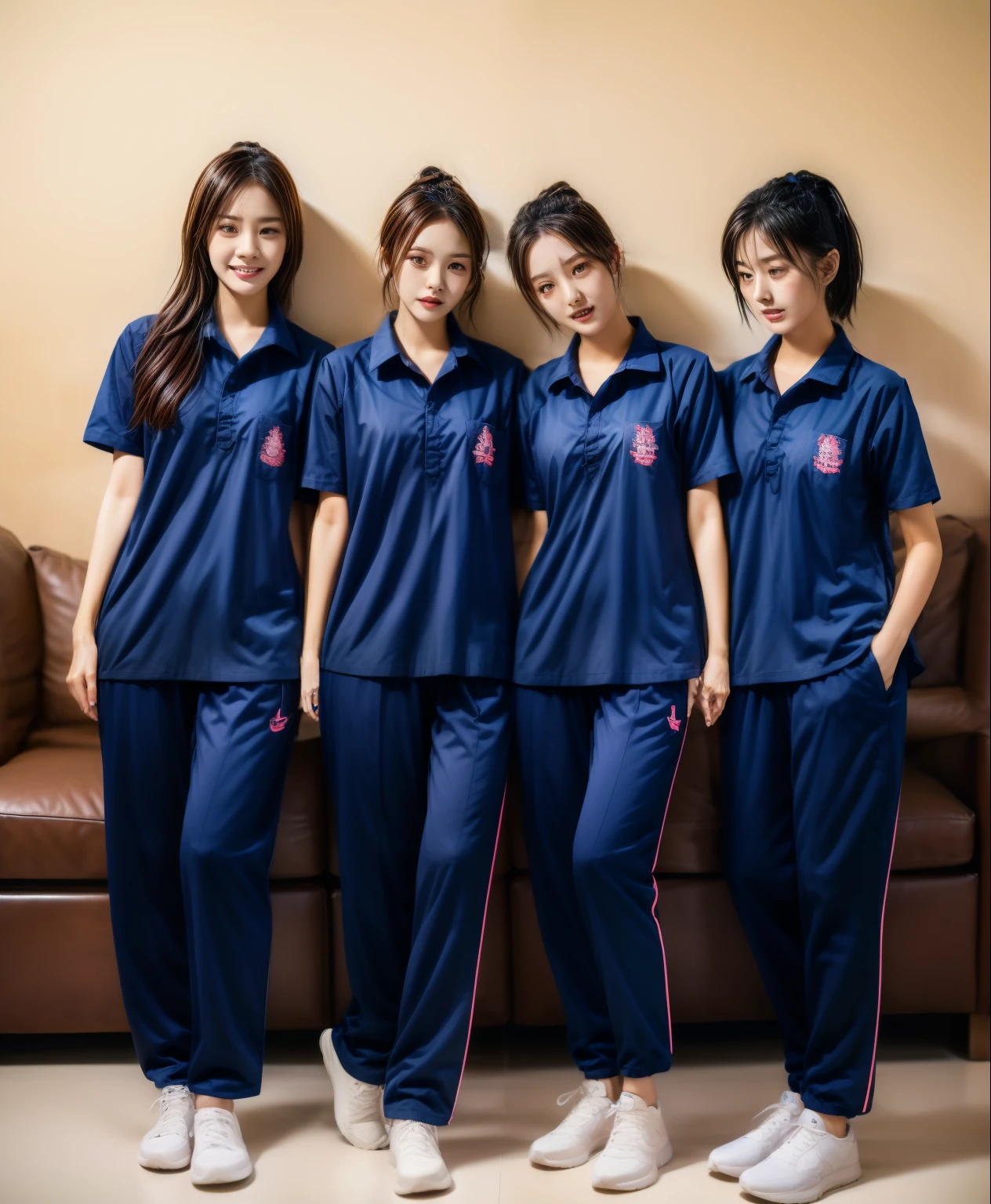 3 girls lie about on sofa living room, Navy blue short-sleeved shirt,Navy Long Trackpant,Sweatpants, Sweatpantsขายาว,25 year old girl, lesbian, sexy, exercise clothes, wet body, exercise clothes