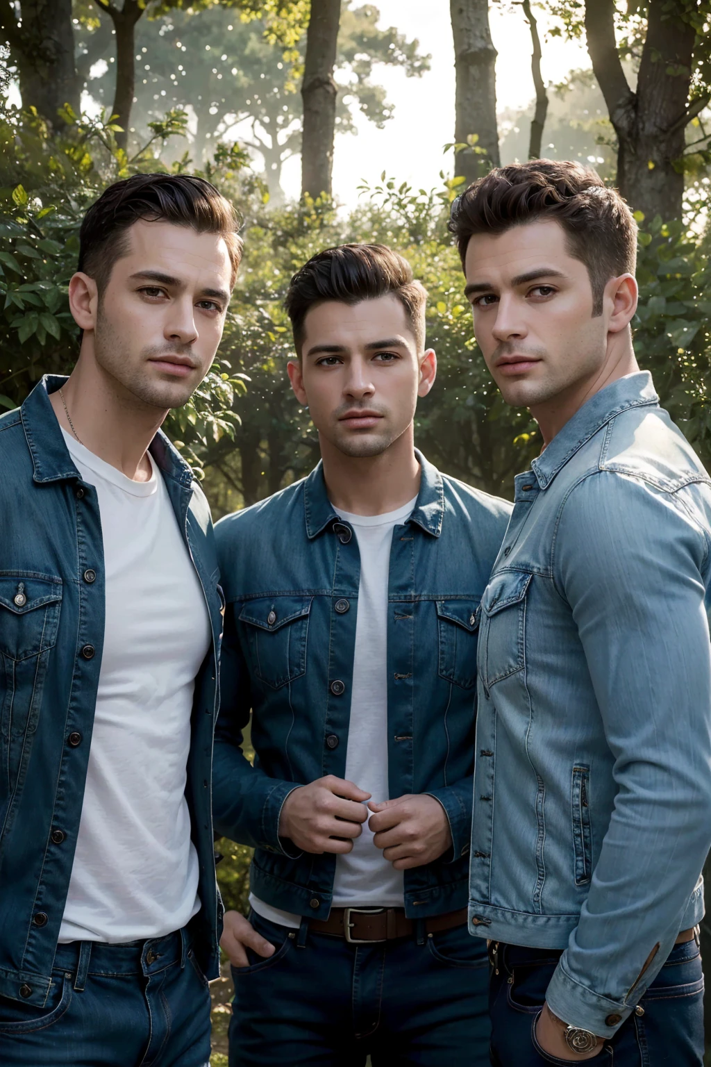 (best quality,4k,8k,highres,masterpiece:1.2),ultra-detailed,(realistic,photorealistic,photo-realistic:1.37),three men wearing jeans jackets stand under a tree. The sunlight shines through the leaves, casting beautiful light and shadow patterns on their faces. The texture of their denim jackets is clearly visible, with every stitch and detail rendered in sharp focus. The portrait captures the maturity and character in their faces, highlighting the lines and contours. The scene is surrounded by lush greenery, with vibrant and vivid colors that bring the image to life. [HDR] enhances the dynamic range and depth of the colors, creating a visually stunning effect.