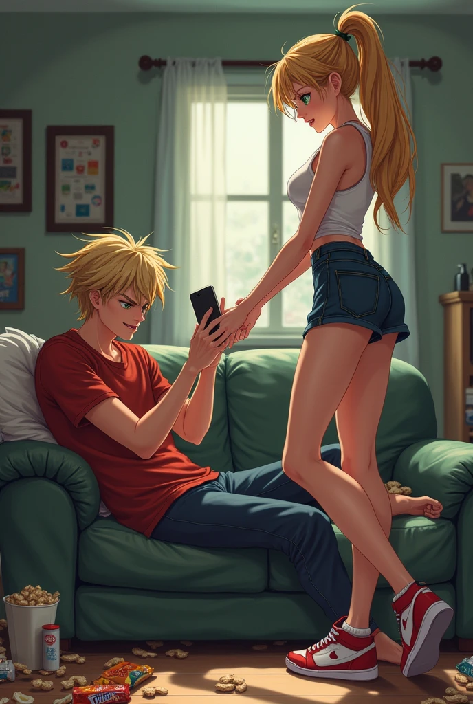 digital art, western artstyle, 21 years old angry man lying on the couch with a smart phone in his hands, angry women grabing smartphone out of his hands,messy blonde hair, a lot of snacks lying on the ground, , fit tall women, 20 years old woman, deep green eyes, anime beautiful face, femine body shape, perfect abs, pronounced musculatupony tail haircut. deep brown hair, weariing informal dress, red and white women's sneakers, digital art, best quality, 8k, award winning, super detail, masterpiece, UHD, she see his face 
