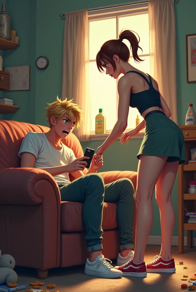 digital art, western artstyle, 21 years old angry man lying on the couch with a smart phone in his hands, angry women grabing smartphone out of his hands,messy blonde hair, a lot of snacks lying on the ground, , fit tall women, 20 years old woman, deep green eyes, anime beautiful face, femine body shape, perfect abs, pronounced musculatupony tail haircut. deep brown hair, weariing informal dress, red and white women's sneakers, digital art, best quality, 8k, award winning, super detail, masterpiece, UHD, she see his face