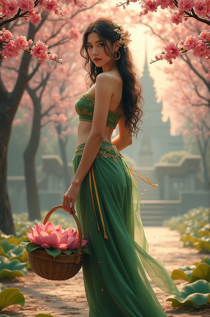 (photo realistic:1.4), A Cambodian beauty stands under a lush cherry blossom arbor, long flowering curly hair adorned with delicate Jasmin flowers and jewelleries, her face serene as she looks directly at the viewer. She wears a white traditional tube top and green sarong with golden Khmer traditional patterns, intricately embroidered and seem to shimmer in the soft light. Her slender fingers deftly carrying a traditional bamboo basket full of lotus flower s. Abstract light dances across her skin, casting a warm, golden glow. The background is a mesmerizing blend of silhouette of old Khmer temple in silver-gray and gold, reminiscent of a traditional angkorian painting. Vivid, expressive brushstrokes evoke a sense of dynamic movement, while realistic textures and detailed matte painting create an immersive, photorealistic atmosphere. The overall aesthetic blends the intricacy of khmer art with the captivating, high-fantasy feel of a concept art piece, evoking the works of artists like Loish, Simon Stalenhag, and Yang Qi.