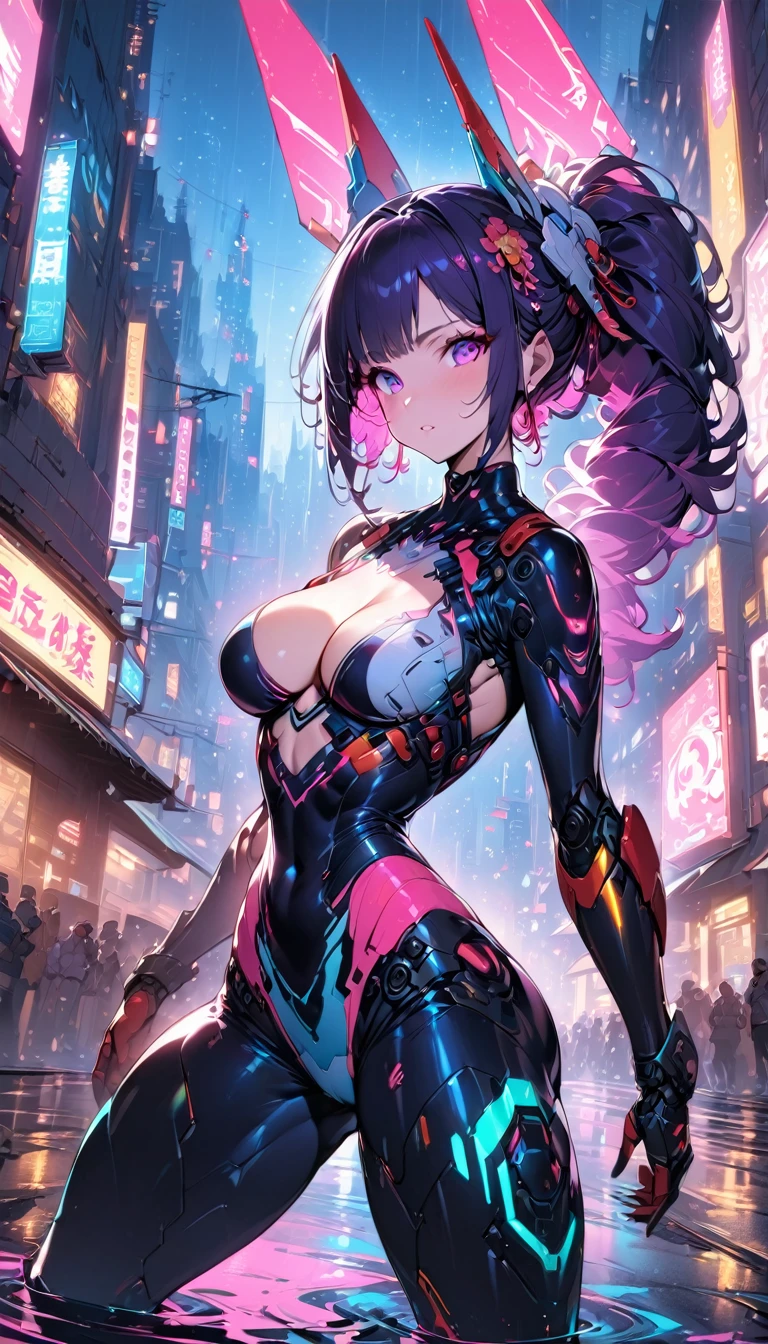 best quality,4k,8k,highres,masterpiece:1.2),ultra-detailed, extremely detailed eyes, extremely detailed body, (large masterpiece digital art), (detailed manga illustration), (detailed line art), ((perfect anatomy)), high quality, expressive eyes, full body, tall girl, detailed face, beautiful face, perfect face, breasts, cleavage, gloves, A photograph of mid-twenties Japanese female android made of shiny white and silver translucent glass and plastic, geisha makeup and hairstyle, silver metal internal body mechanisms, dynamic pose, flowing organic construction, glowing golden circuitry, colorful neon trim, glowing circuitry, neon trim, depth of field focus f/2.8, art by H.R. Giger, Greg Rutowski, bodysuit, thick thighs, toned, emblem, cinematic lighting, dynamic lighting, 4k resolution, dynamic pose, weapon, energy weapon, cover, mecha musume, fortified suit, mechanical parts, headgear, robot joints, bodysuit, deva battle suit, gloves,