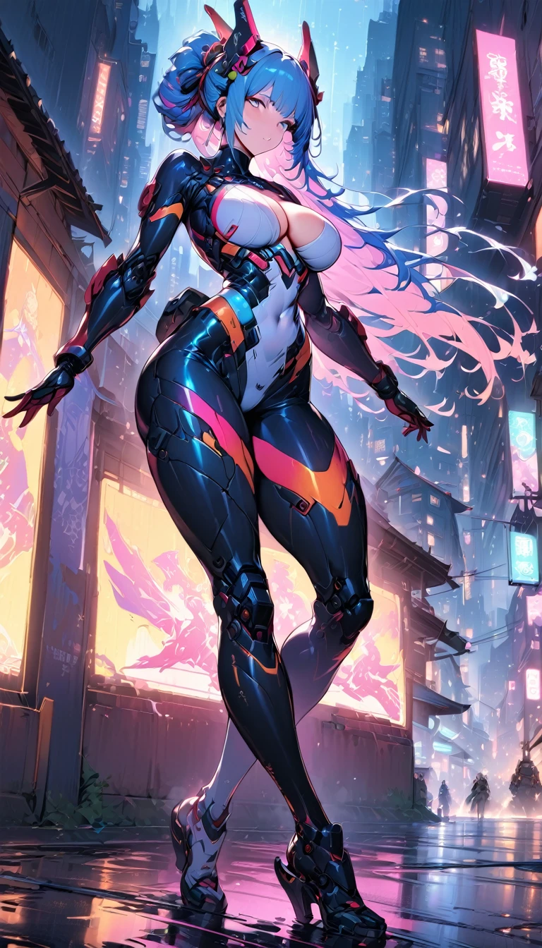 best quality,4k,8k,highres,masterpiece:1.2),ultra-detailed, extremely detailed eyes, extremely detailed body, (large masterpiece digital art), (detailed manga illustration), (detailed line art), ((perfect anatomy)), high quality, expressive eyes, full body, tall girl, detailed face, beautiful face, perfect face, breasts, cleavage, gloves, A photograph of mid-twenties Japanese female android made of shiny white and silver translucent glass and plastic, geisha makeup and hairstyle, silver metal internal body mechanisms, dynamic pose, flowing organic construction, glowing golden circuitry, colorful neon trim, glowing circuitry, neon trim, depth of field focus f/2.8, art by H.R. Giger, Greg Rutowski, bodysuit, thick thighs, toned, emblem, cinematic lighting, dynamic lighting, 4k resolution, dynamic pose, weapon, energy weapon, cover, mecha musume, fortified suit, mechanical parts, headgear, robot joints, bodysuit, deva battle suit, gloves,