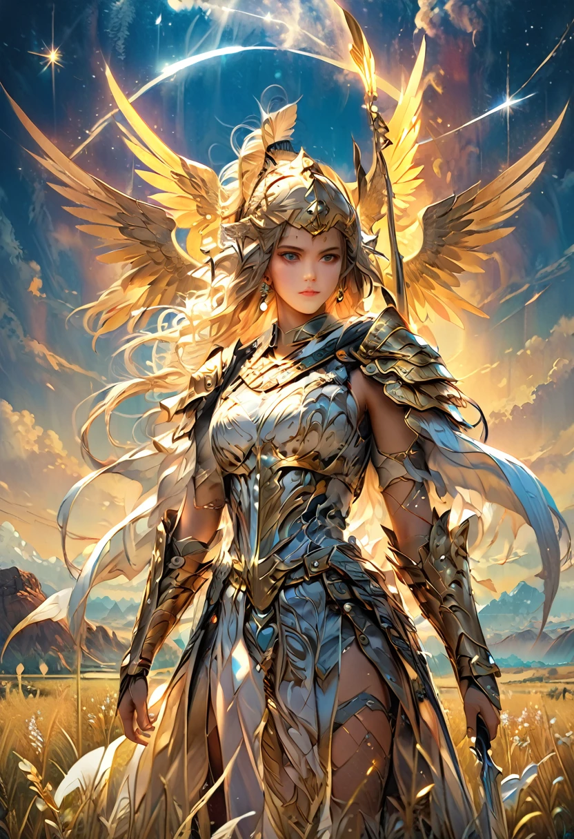 Full body of an armored goddess standing in the wilderness with a sword,(精密なディテールを備えたFantasy art:1.5), Beautiful and well-proportioned face:1.6,Cleavage:1.6,Armor with great attention to detail:1.6,Intricate and fine decoration:1.7, Crystal Sparkle:1.6,((masterpiece, Highest quality, Very detailedCG, unity 8k wallpaper )),Official Art,Very detailed,Most detailed, Fantasy art, 8K high quality, detailed art,Goddess Athena,Valkyrie,Perfect Face,Armor adorned with beautiful gold decorations on beautiful silver.,Helmet with a visible face,Sunset wasteland,Mythological battle