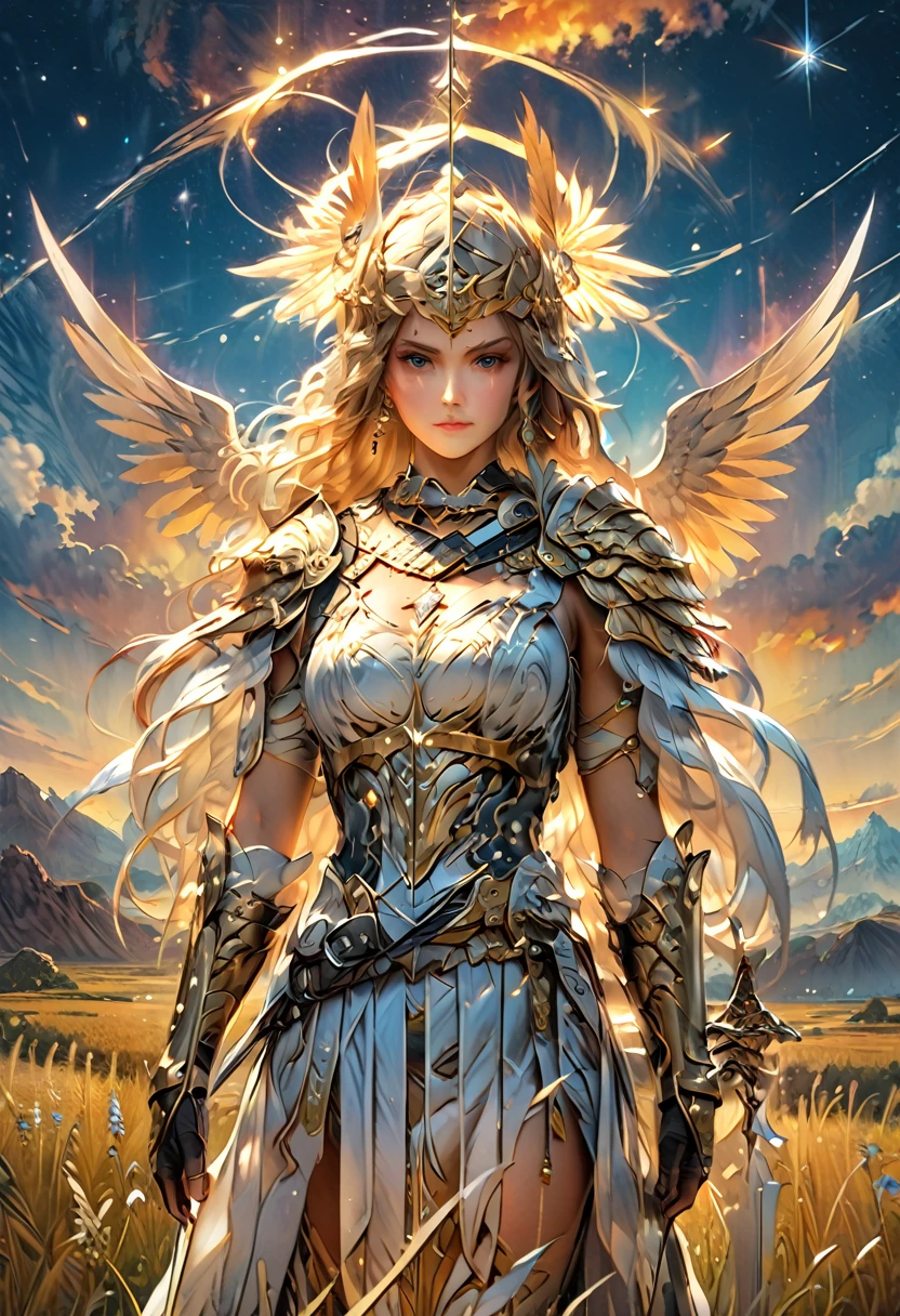 Full body of an armored goddess standing in the wilderness with a sword,(精密なディテールを備えたFantasy art:1.5), Beautiful and well-proportioned face:1.6,Cleavage:1.6,Armor with great attention to detail:1.6,Intricate and fine decoration:1.7, Crystal Sparkle:1.6,((masterpiece, Highest quality, Very detailedCG, unity 8k wallpaper )),Official Art,Very detailed,Most detailed, Fantasy art, 8K high quality, detailed art,Goddess Athena,Valkyrie,Perfect Face,Armor adorned with beautiful gold decorations on beautiful silver.,Helmet with a visible face,Sunset wasteland,Mythological battle