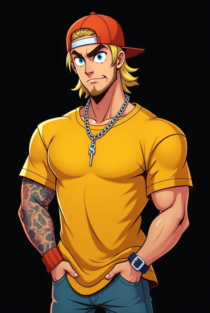 A young adult cartoon character, he has medium-length blonde hair and bright blue eyes. His expression is serious and he looks angry. His hands are in his pockets. He has little beard. He is very strong and tall and has his arms crossed..
He is wearing a very loose bright yellow t-shirt on his head., a backwards cap, he has some tattoos and wears silver chains. on a completely black background..