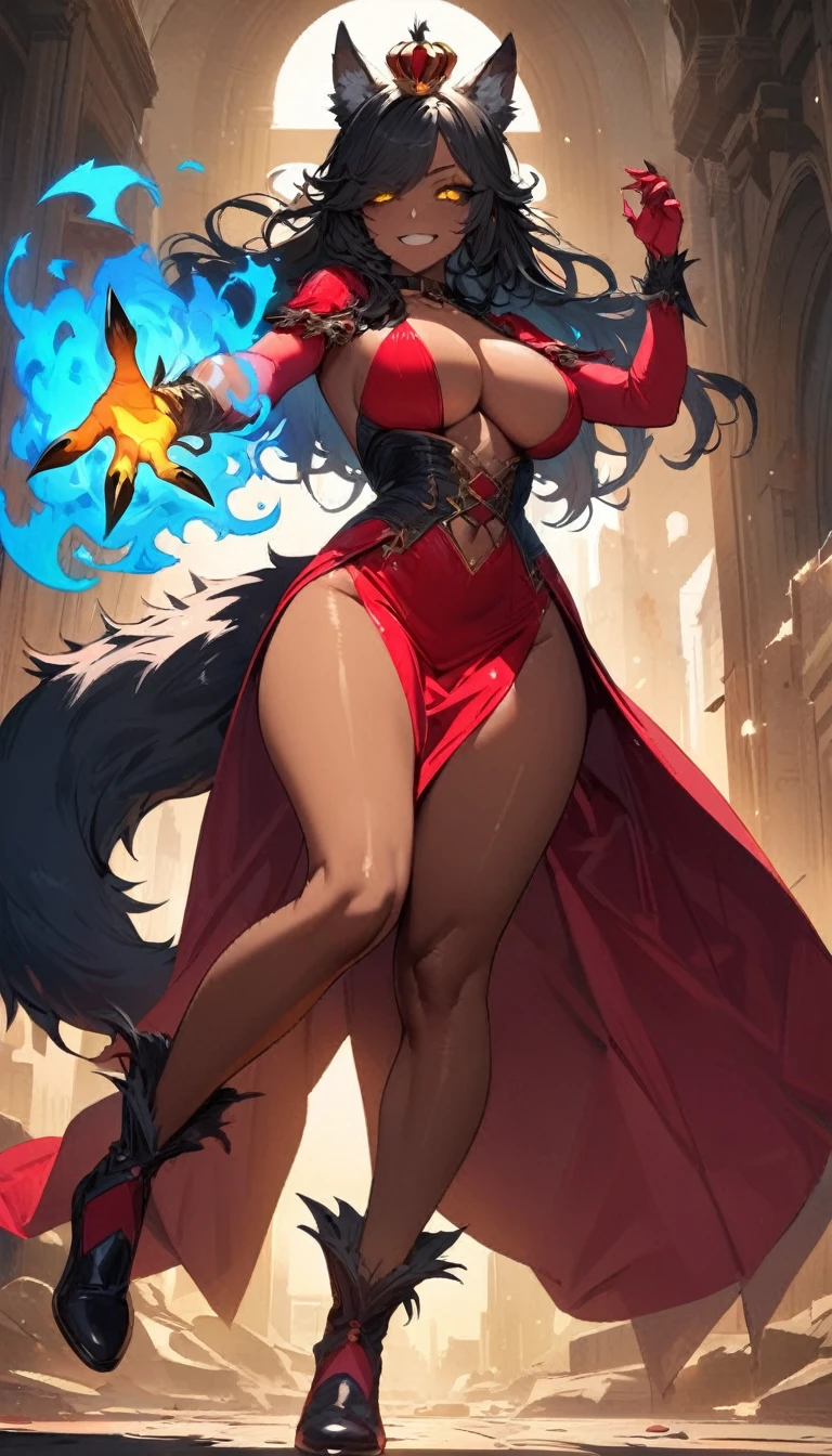 best quality,4k,8k, highres, masterpiece:1.2), ultra-detailed, extremely detailed eyes, extremely detailed body, (large masterpiece digital art), (detailed manga illustration), (detailed line art), ((perfect anatomy)), (intricate details:1.3), (ultra-detailed:1.3), (illustration:1.3), (sharp focus:1.3), (natural lighting:1.05), (vivid colors:1.3), (masterpiece), (best quality:1.4), (perfect anatomy:1.4), high quality, expressive eyes, full body, detailed face, beautiful face, perfect face, 1girl, ((dark skin)), animal ears, black sclera, smile, colored sclera, breasts, solo, monster girl, black hair, (wolf ears), large breasts, curvy, wide hips, long hair, ((gold eyes)), claws, grin, fur, looking at viewer, collar, ((dynamic action pose)), tail, (wolf tail), {(dragon horns)}, demon horns, wings, sadistic smile, hair over eye, {regal outfit}, tiny crown, blue fire, curvy, sexy dress, dark skin, cinematic lighting, dramatic atmosphere, Beautiful woman, dragon spear in hand, Jeff Bridges, ((cartoon style)), Marvel Cinematic Universe style, (((hell castle in the background))), soft bokeh of hellscape, Atey Ghailan, Jeremy Mann, Greg Manchess, Antonio Moro, trend in ArtStation, trend in CGSociety, Intricate, High Detail, Sharp focus, dramatic and photorealistic painting art by Midjourney and Greg Rutkowski,