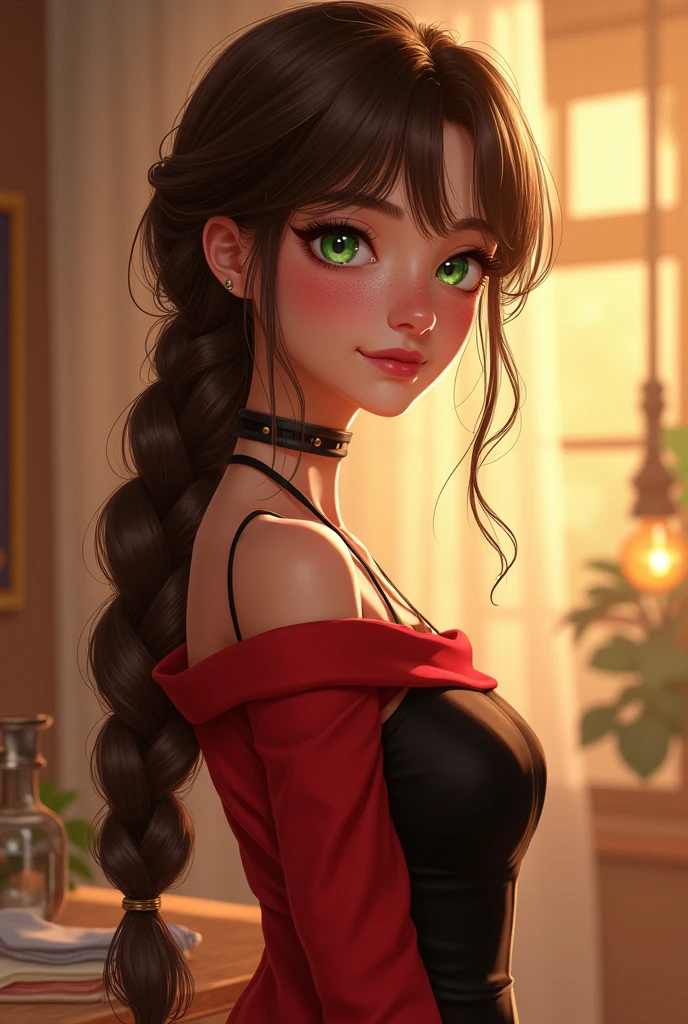 women
age 25
sweet
long brown hair
short bang
plait in her hair
green eyes
long red black dress
smile
2 speckle under her eye
human 