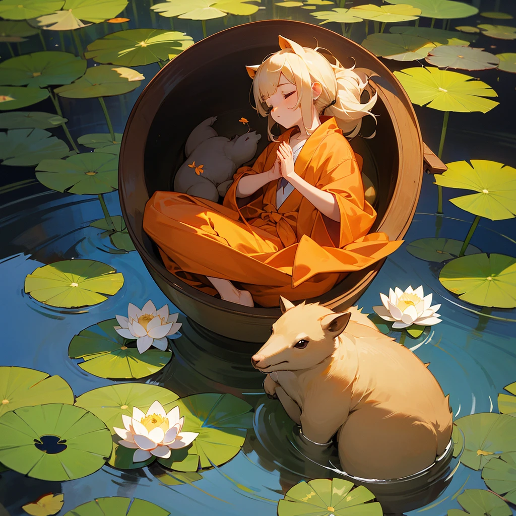 baby capybara is meditating, his hair had a flower, his body had a orange fabric, he is sitting in the cental of lotus lake