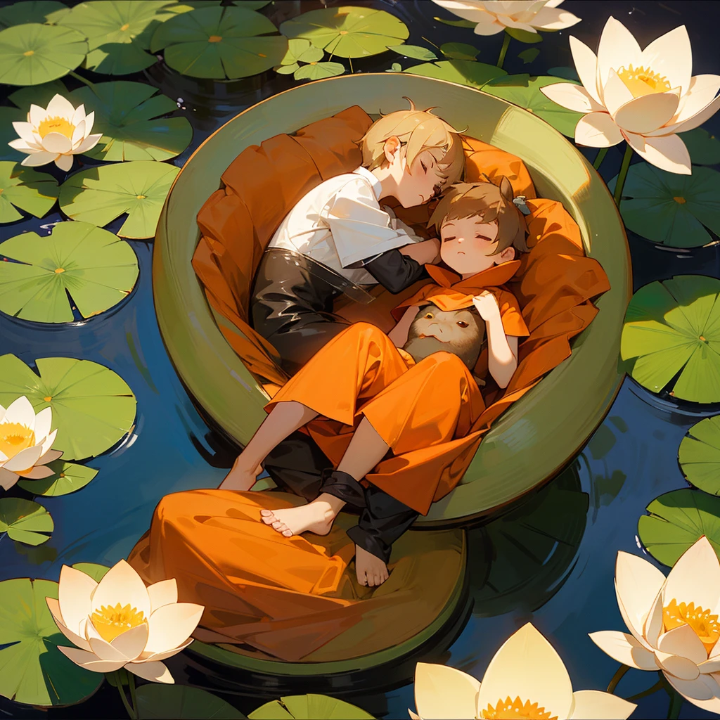 baby capybara is meditating, his hair had a flower, his body had a orange fabric, he is sitting in the cental of lotus lake