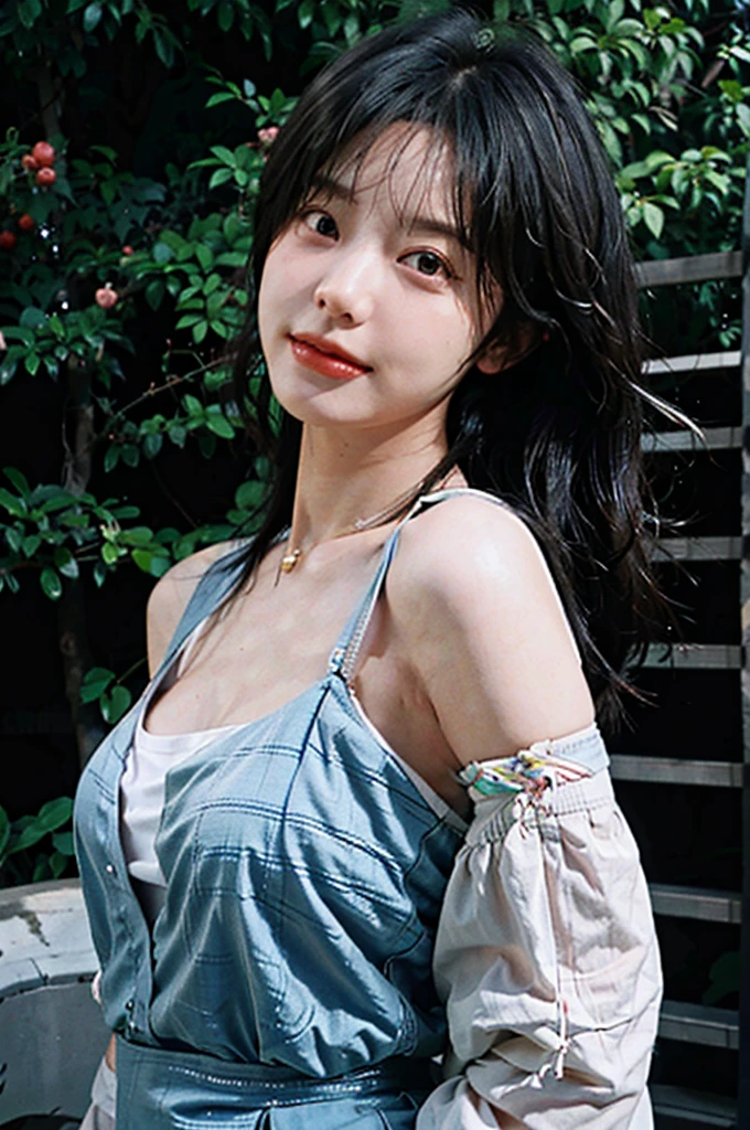 best qualtiy, Ultra-high resolution, (realisticlying:1.4), Baoyu Girl, A pair of clear and moving peach blossom eyes,Royal sister,sunshine on face,with long coiled hair,(ln the forest:1.4),(choker necklace:1.2),(Fair skin:1.4),(full bodyesbian:1.2)a sense of atmosphere,a beauty girl, ssmile,head straight-looking at viewer, closeup cleavage ,(Photorealistic:1.4),1girll,sexly,(Upper body:1.4),(Wet body),(:1.2)