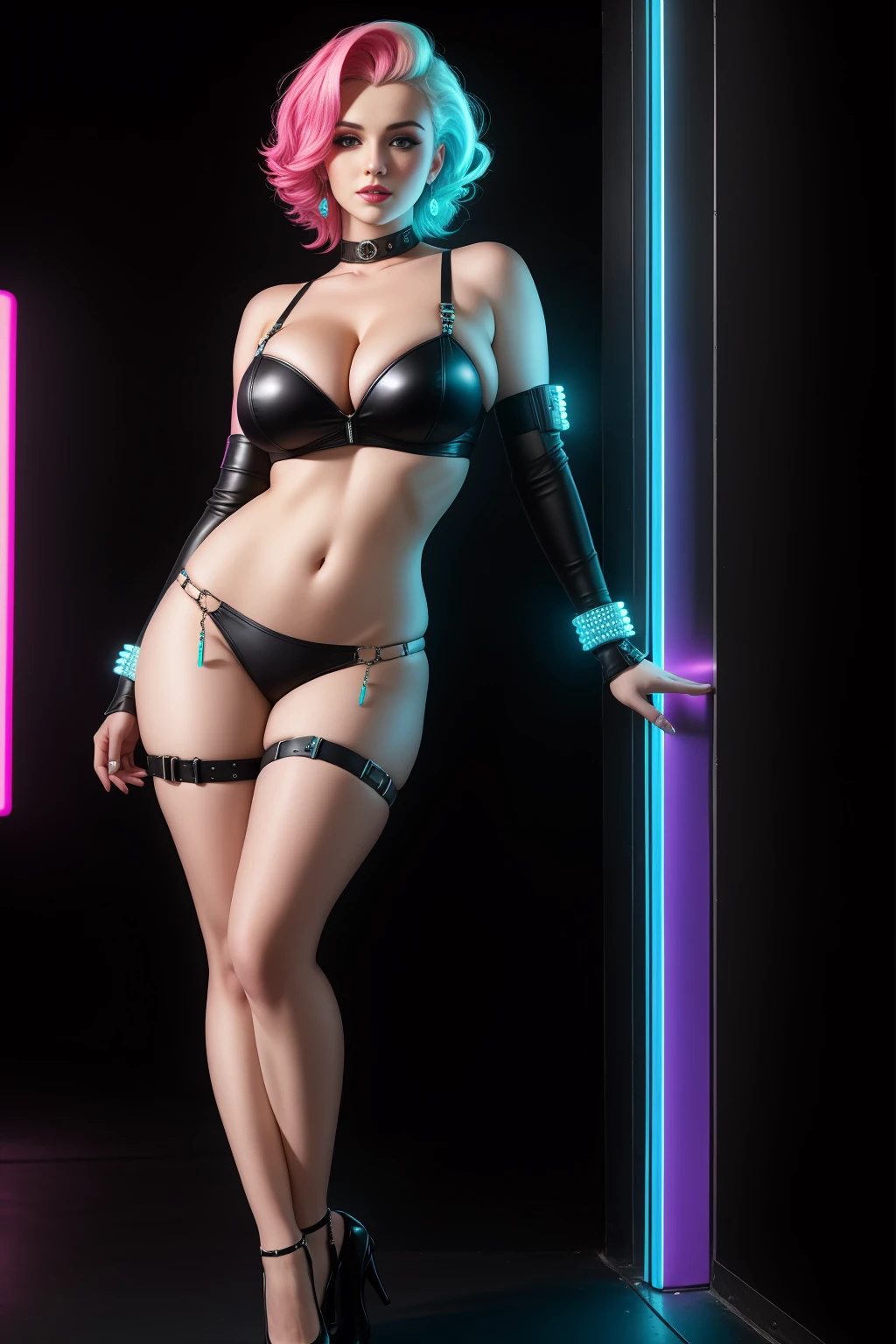 there  Marilyn Monroe standing, neon hair, 3 d neon art of a womans body, neon-noir background, cyberpunk femme fatale, seductive cyberpunk dark fantasy, cyberpunk strip clubs, cyberpunk 20 y. o model girl, oppai cyberpunk, banner, high definition cgsociety, cgsociety masterpiece, trending on cgstation, kda, random hair, looking at camera, gigantic breasts, cleavage, (high detailed skin:1.2), 8k uhd, dslr, super lighting, high quality, film grain, high res, highly detailed, hyper realistic, beautiful face, beautiful body, beautiful eyes nose lips, alluring expression, very bold, upper  visible, full body photo, standing legs apart, pale translucent glowing skin, most beautiful face, cute, (well defined pubic hair:1.2)), (dark plain black background:1.4))