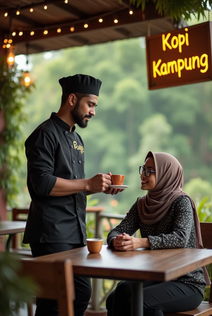 Image mode landscape wide view, created a hensom man with a slightly medium body, glasses, Malay face, 27 year, very little short, thin, and neat beard and mustache. Barista shirt and chef skull hat, he was a restaurant waiter who delivered a cup of warm coffee to are beautiful women hijab, glasses, sitting are chair and facing camera, The Barista Shirt making word Gold inscription "payid", the background is outside village cafe.hanging a signboard behind the man that says 'Kopi Kampung', the image is very detailed, super HD