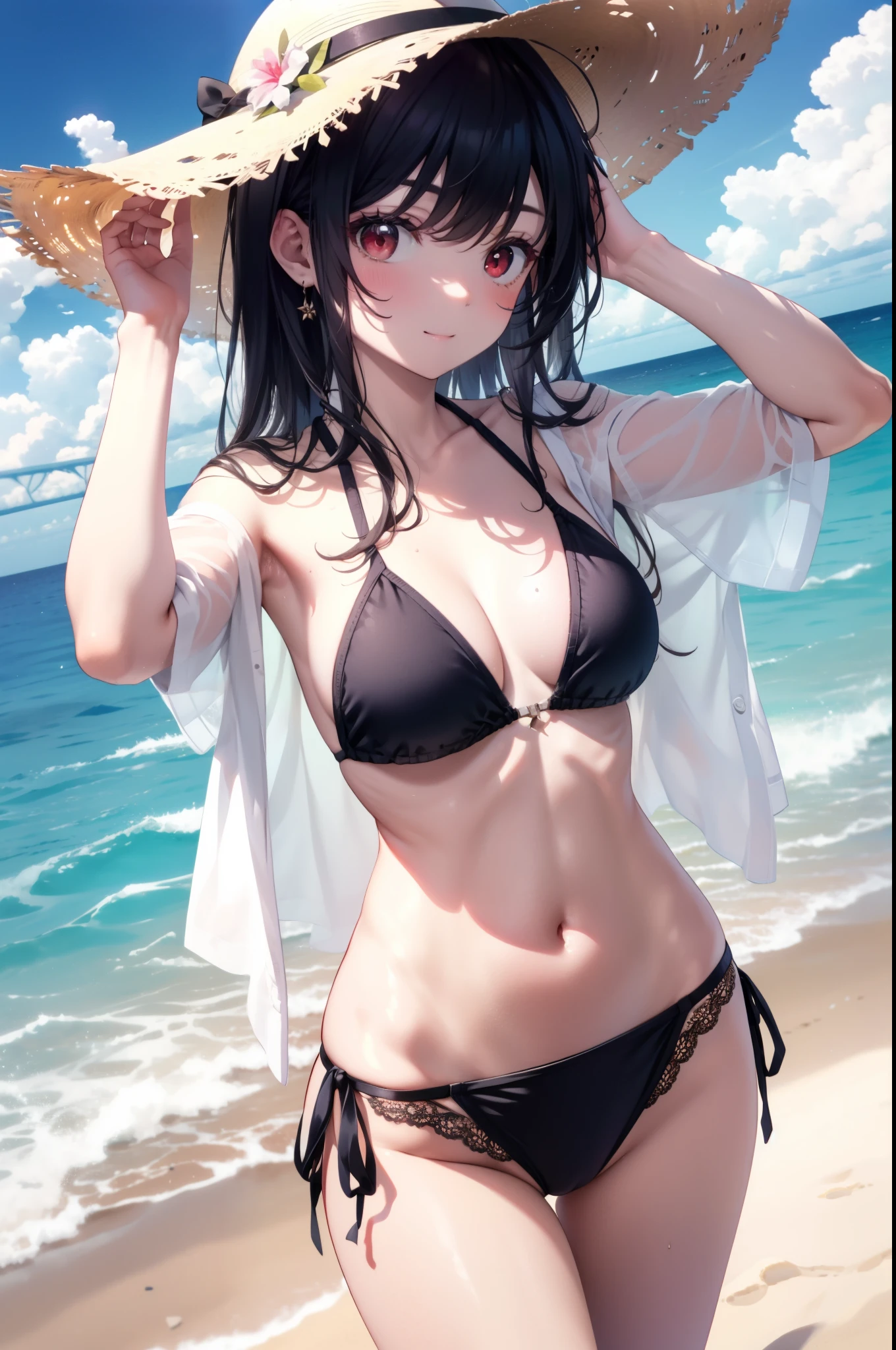 For profit, Next to Kasumigaoka, Black Hair, Long Hair, (Red eyes:1.5), 
smile,blush,Open your mouth,Straw hat,Black string bikini swimsuit,Pareo Swimsuit,Belly button,abdomen,She's wearing a thin shawl around her waist.,barefoot,Sandy Beachを散歩している,Daytime,True Summer,Clear skies,whole bodyがイラストに入るように,
break looking at viewer,whole body, (Cowboy Shot:1. 5),
break outdoors, Sandy Beach,Beach,
break (masterpiece:1.2), Highest quality, High resolution, unity 8k wallpaper, (figure:0.8), (Beautiful attention to detail:1.6), Highly detailed face, Perfect lighting, Highly detailed CG, (Perfect hands, Perfect Anatomy),